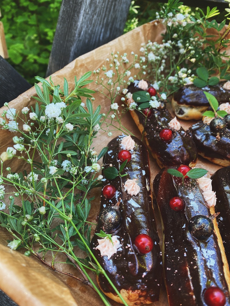 éclairs in the box with decorations