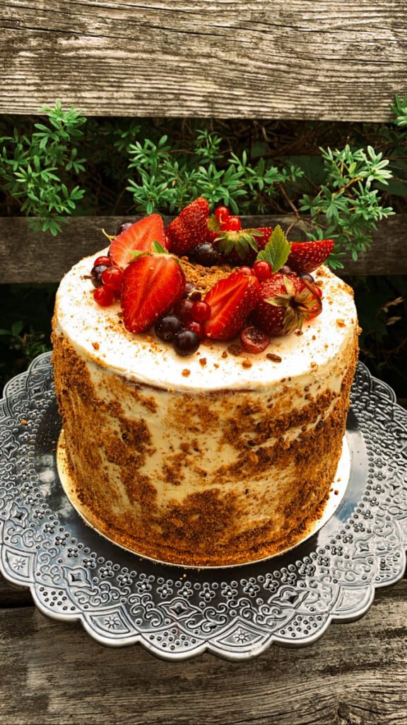 Cake on a plate with berries on top